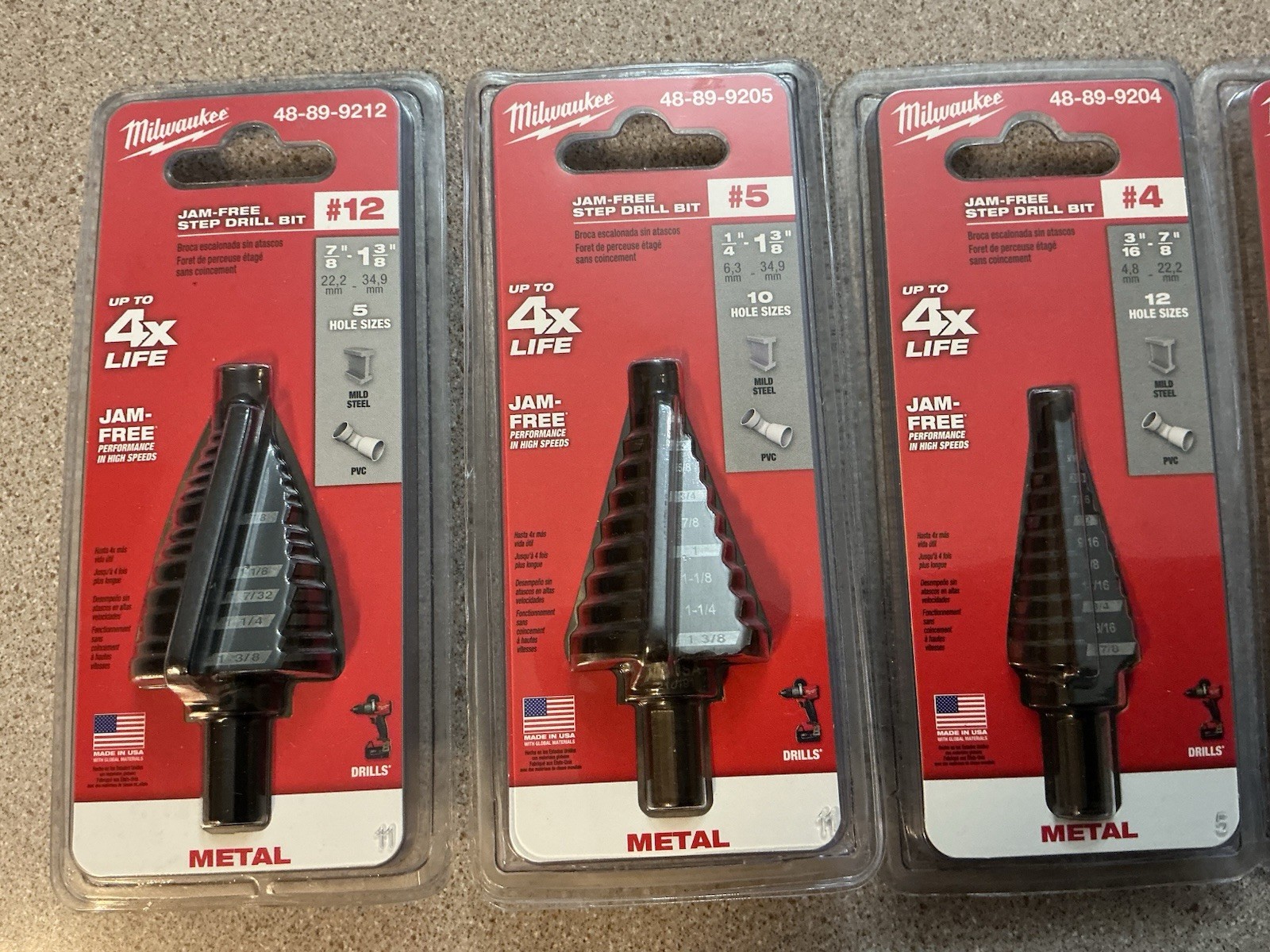 MILWAUKEE STEP DRILL BIT LOT OF 4 #12 #5 #4 & #1 NEW CLAUSING DRILL PRESS