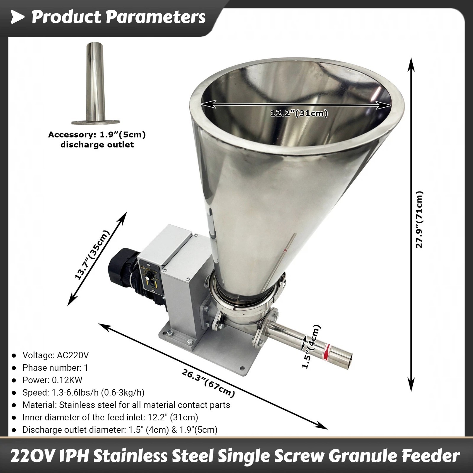 220V 1PH Stainless Steel Single Screw Feeder for Granule/Glass Fiber 0.6-3kg/h