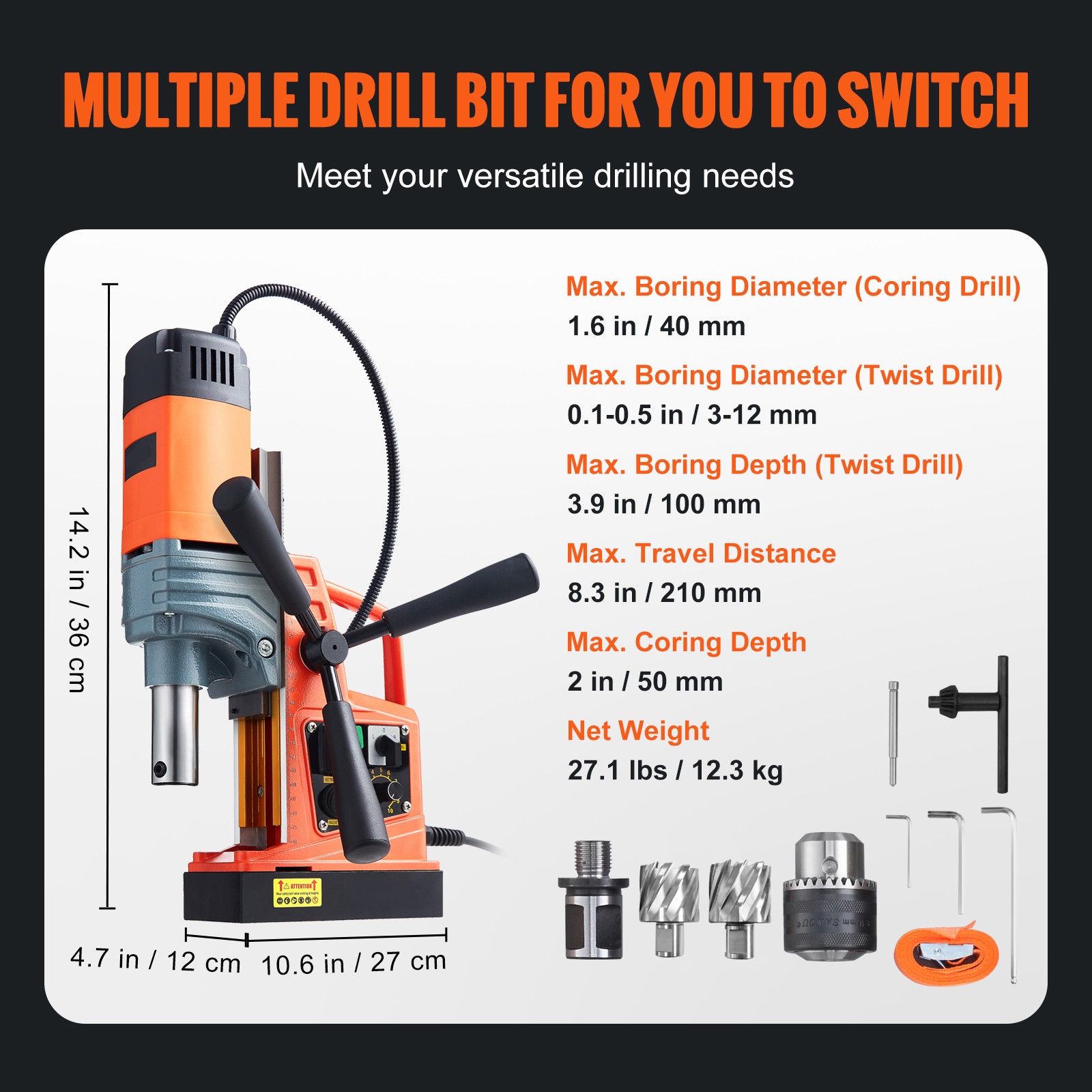 VEVOR Magnetic Drill 1300/1400/1550W 2922lbf/13000N Portable Mag Drill Press