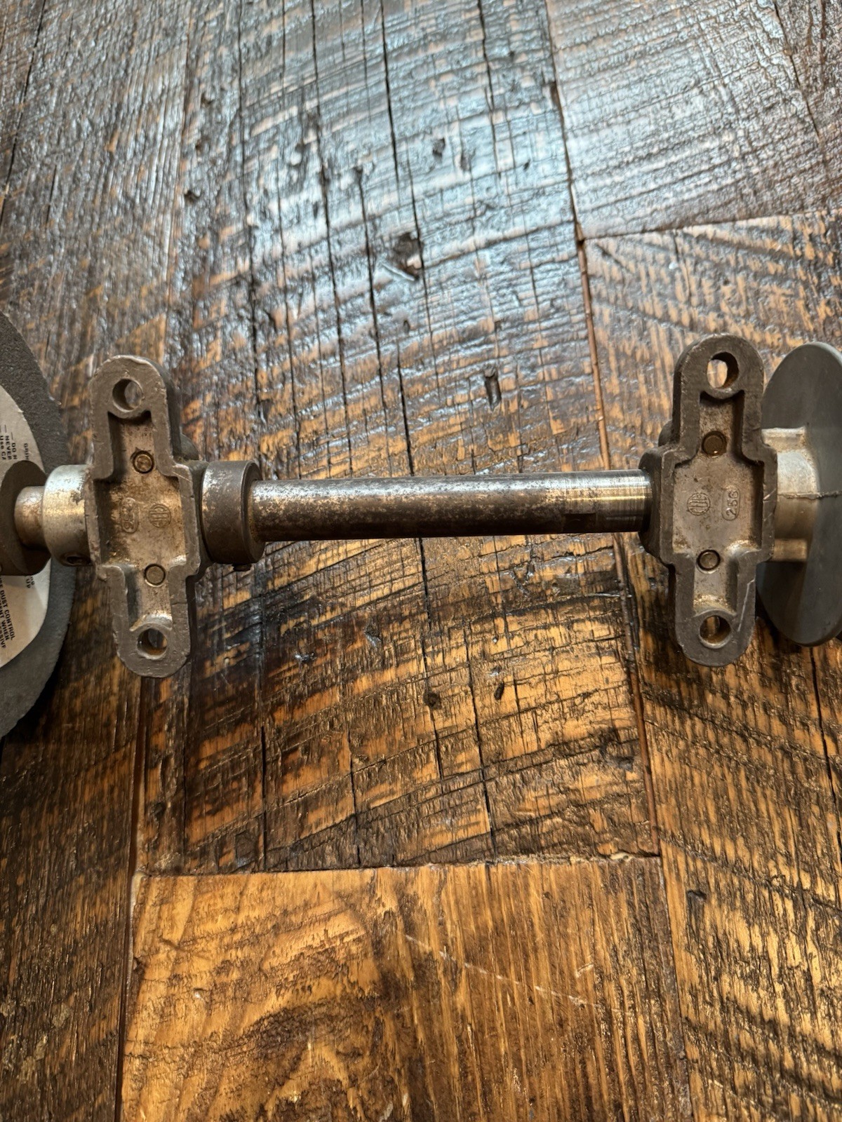 Grinder Assembly – Axle, Brackets, Pulley Spindle & Grinding Wheels – 15″ As Is