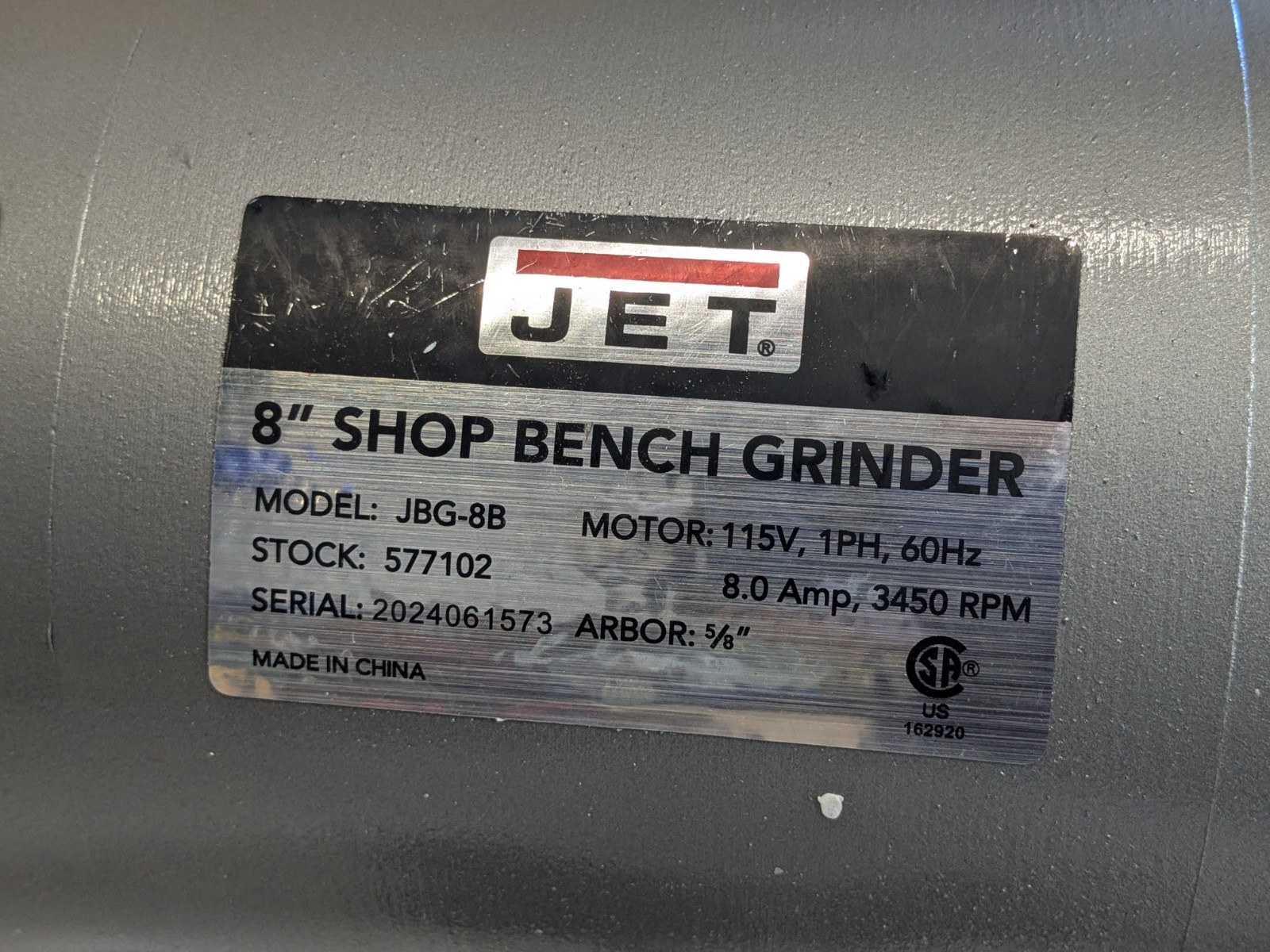 Jet 8" Shop Bench Grinder 3450 RPM 1/2 HP 115v 8 Amp 577102 Used