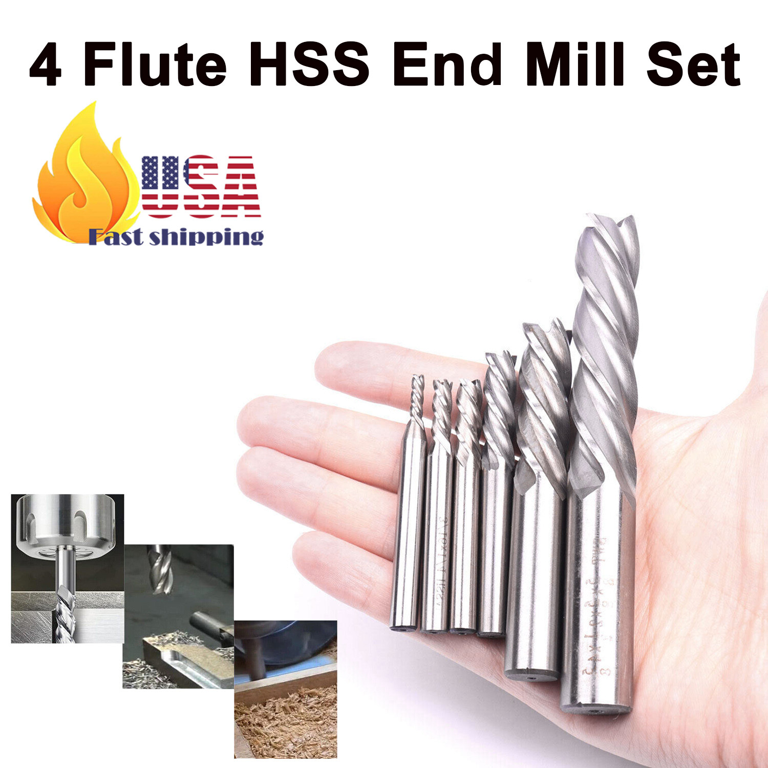 4-Flute HSS CNC End Mill Set for Aluminum & Steel Cutting, 1/8″-5/8″ Size Range