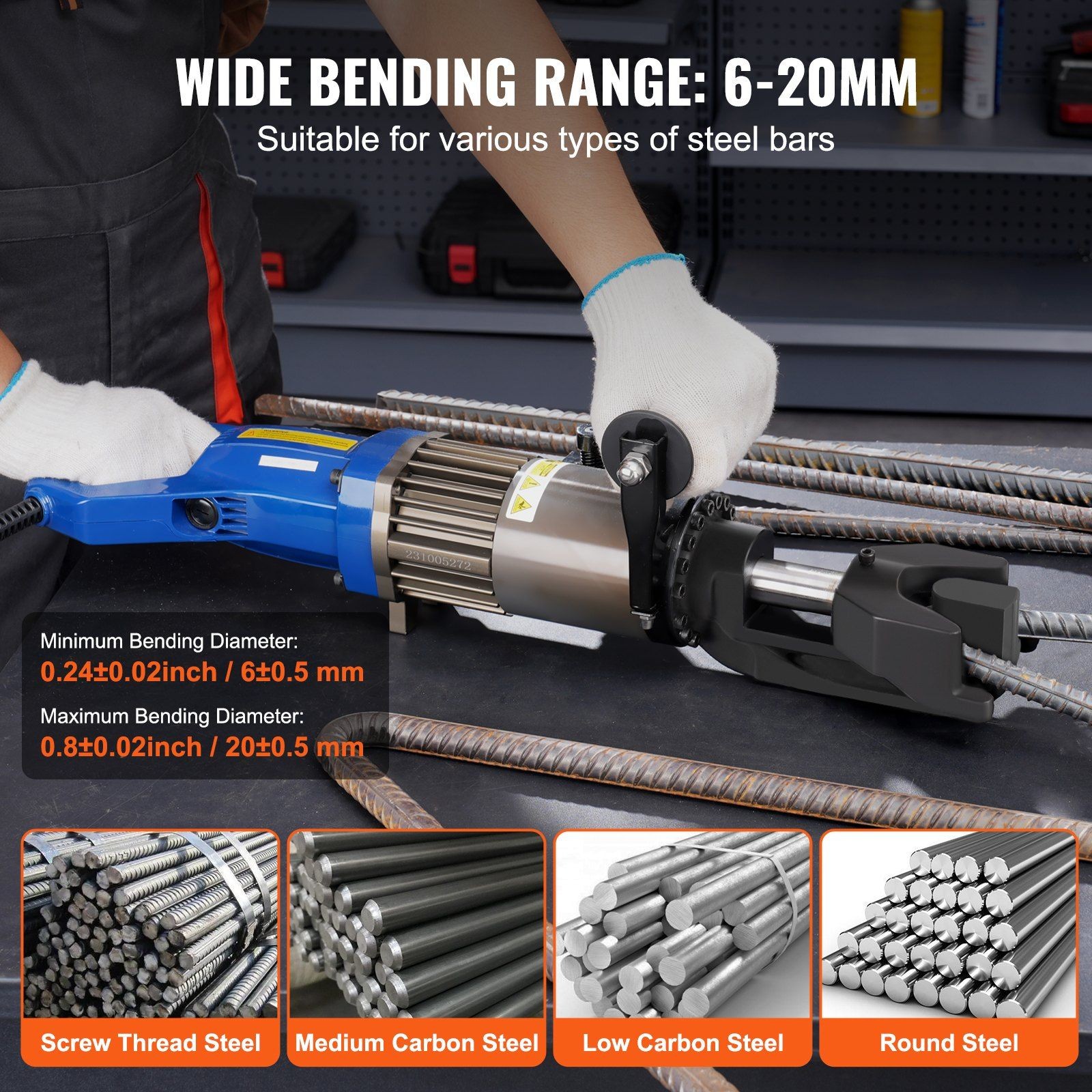 Hydraulic Electric Rebar Bender 1500W 6-20mm Compact Black Blue