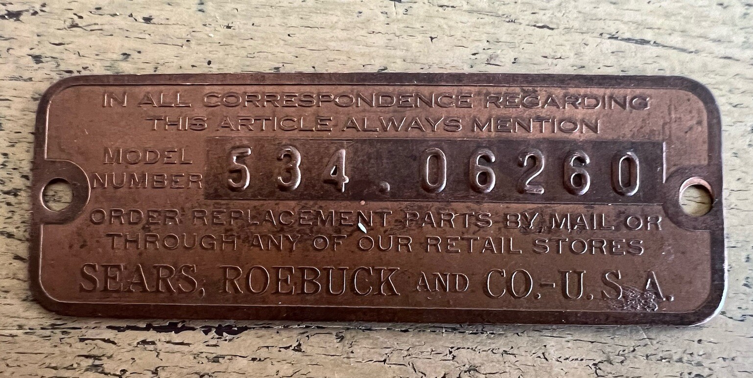 Sears Roebuck Serial Number Plate 534.06260 Lathe Metal