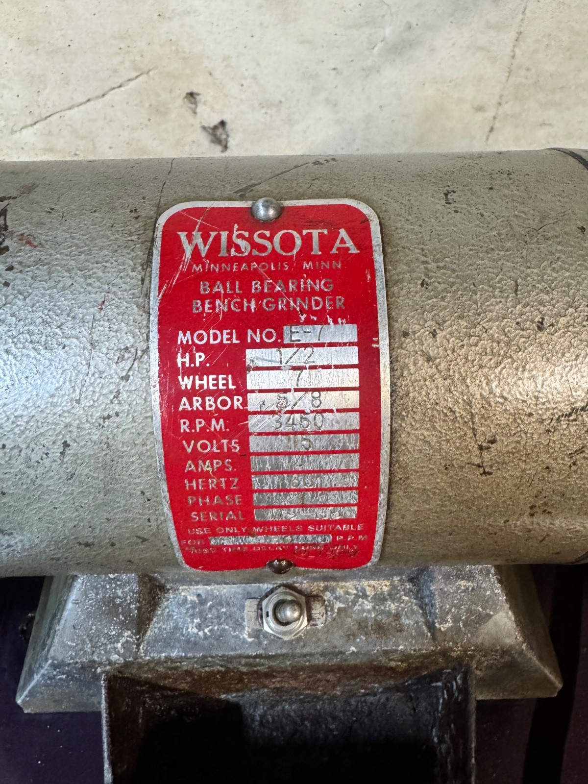 WISSOTA BENCH GRINDER, E-7,7” WHEEL, 1/2HP, 3450 RPM, 115 V, Read Ad