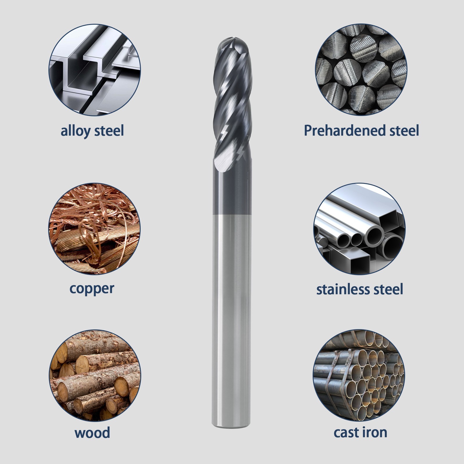 6PCS Ball Nose End Mill Set 1/8″-1/2″ 4 Flute AlTiN Solid Carbide CNC Kit