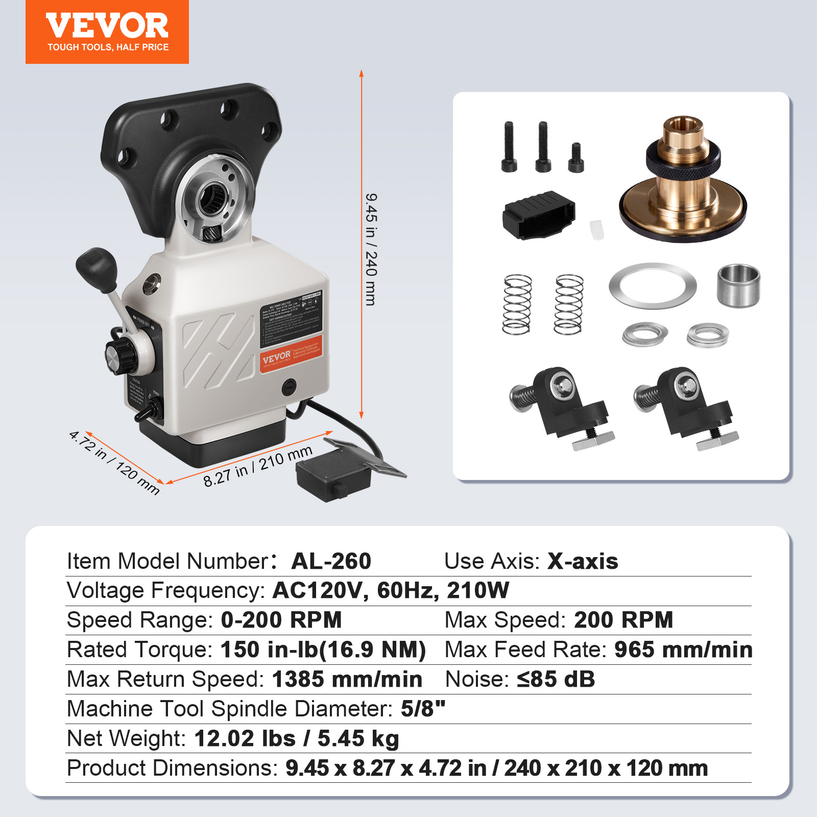 VEVOR X-Axis Power Feed Table Mill for Milling Machine 150 in-lb Torque 0-200RPM
