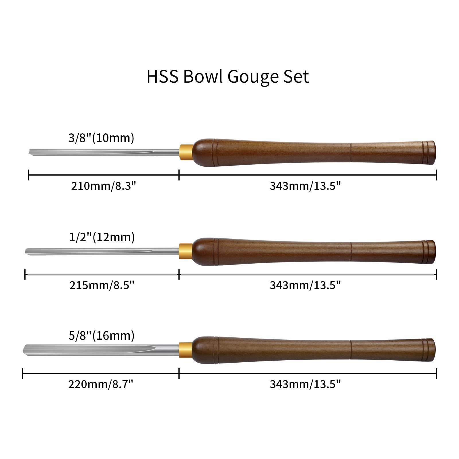 3 Pcs HSS Bowl Gouge Chisel Set for Wood Lathe Turning Tools 3/8 1/2 5/8