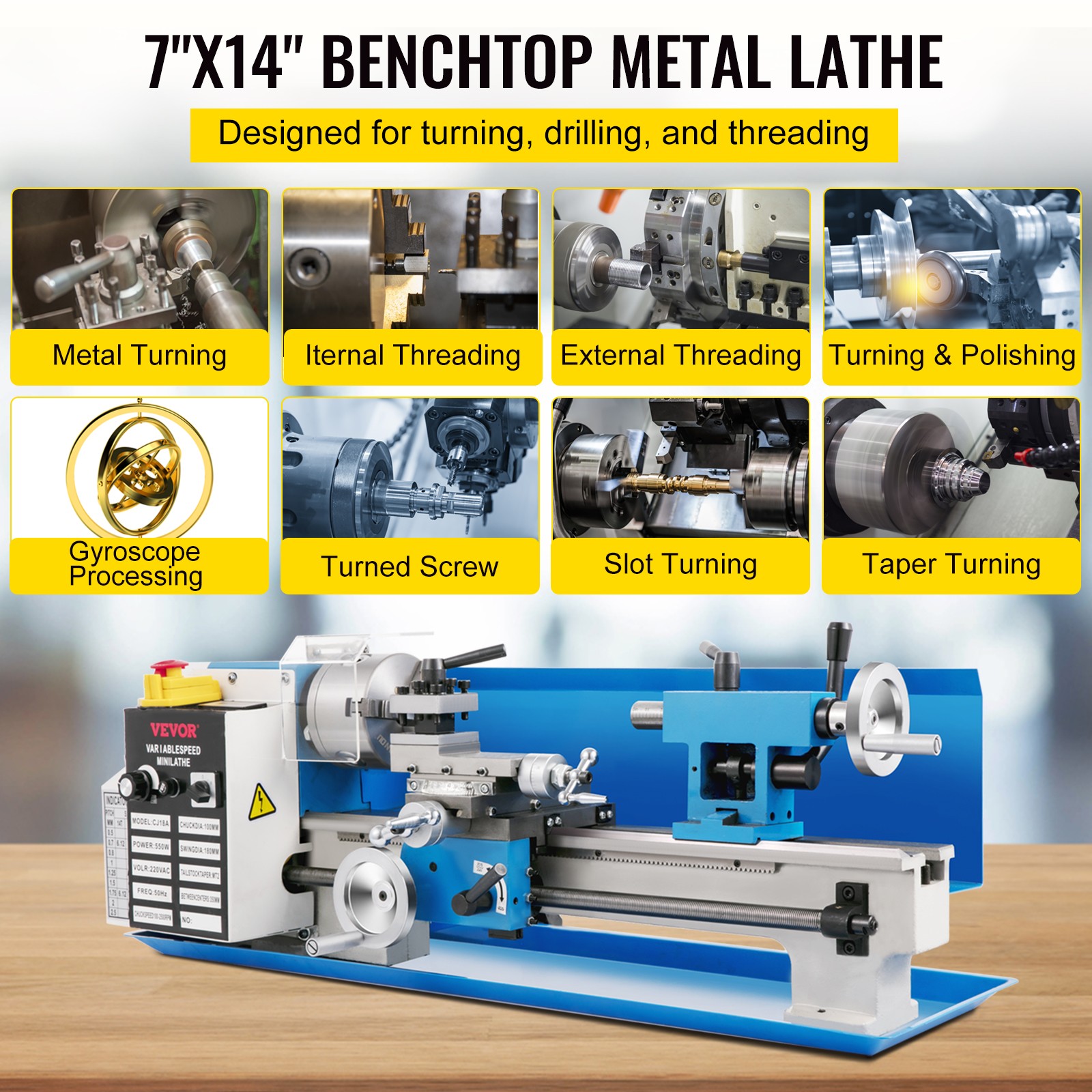 VEVOR 7″X14″ Mini Precision Wood Lathe 550W Metal Bench Lathe Turning Machine