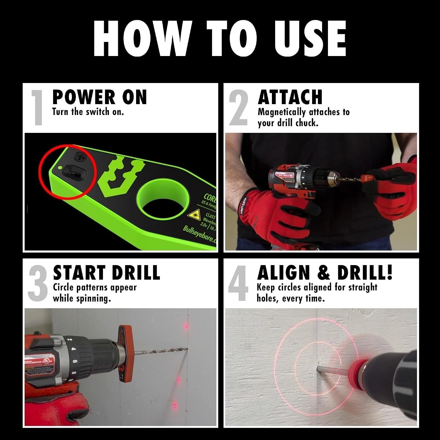 BullseyeBore Magnetic Laser Drill Guide – Drill Straight with High-Vis Green