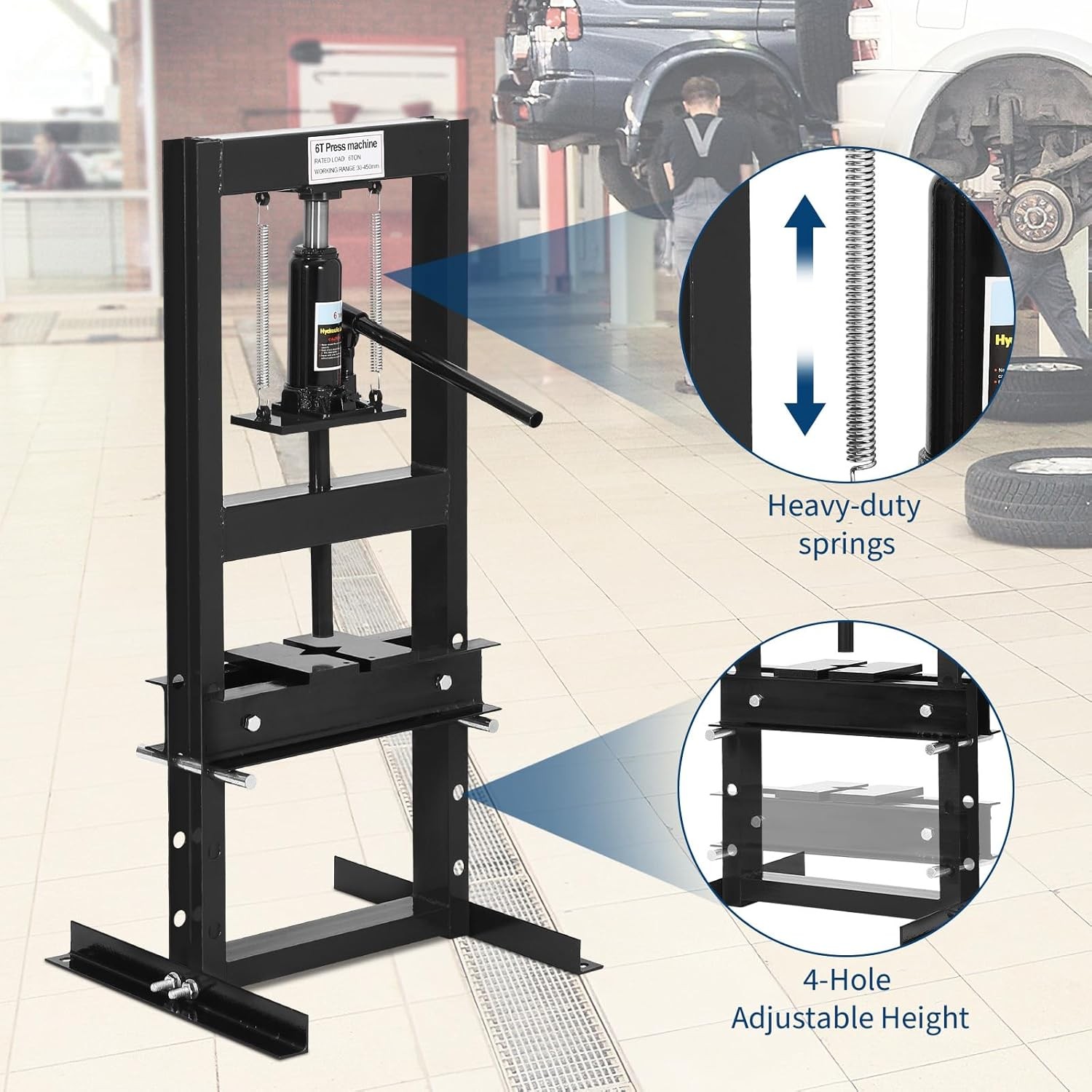 6 Ton Hydraulic Shop Press H-Frame Garage Floor Shop Press Height Adjustable