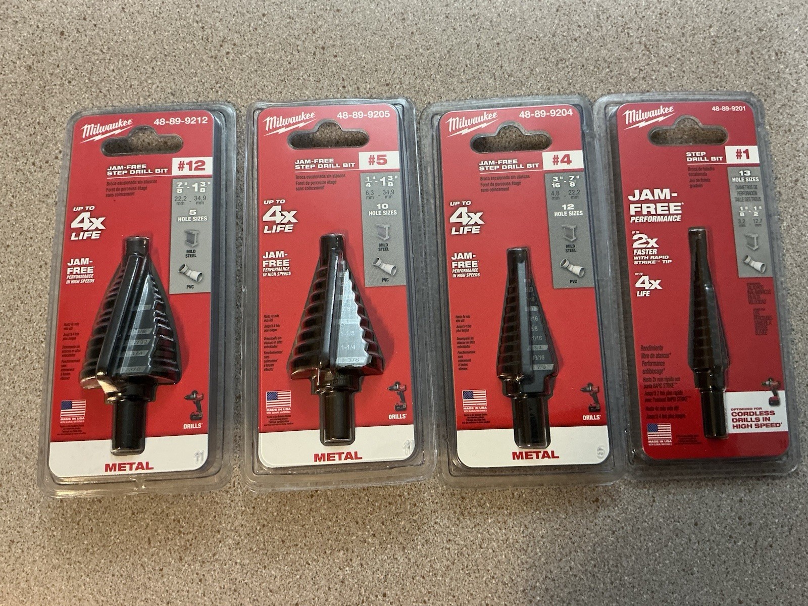 MILWAUKEE STEP DRILL BIT LOT OF 4 #12 #5 #4 & #1 NEW CLAUSING DRILL PRESS
