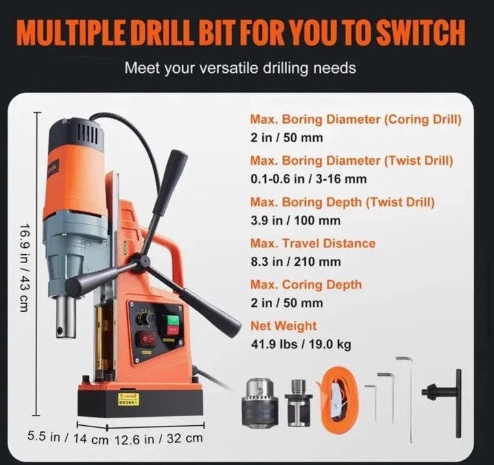 VEVOR MD50 Magnetic Drill 1550W 2922lbf/13000N Portable Mag Drill Press 500RPM