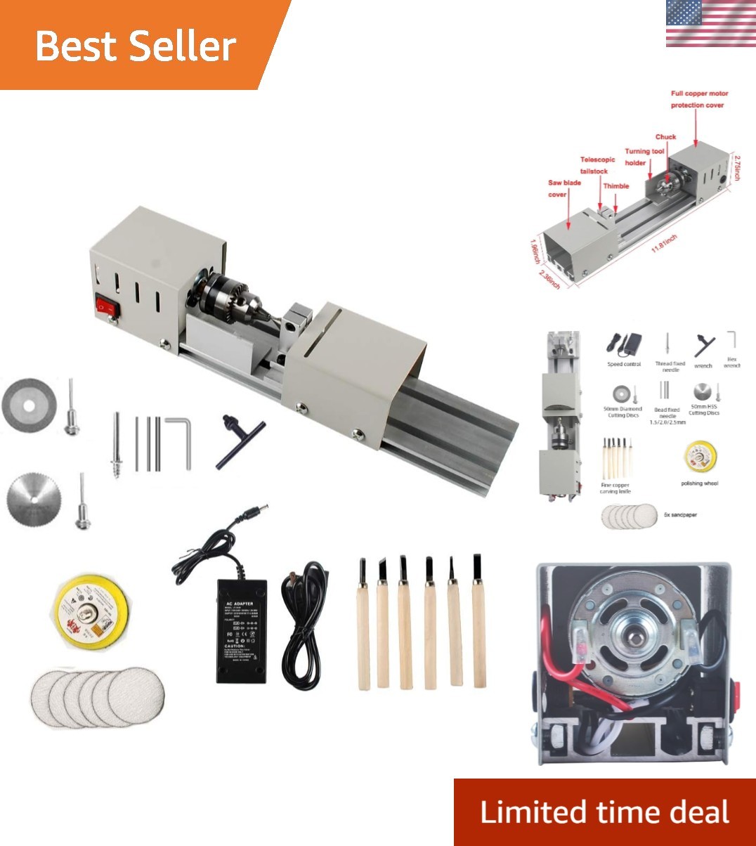 Mini Lathe Machine 12V-24VDC 96W Mini Wood Lathe Milling Accessories for DIY …