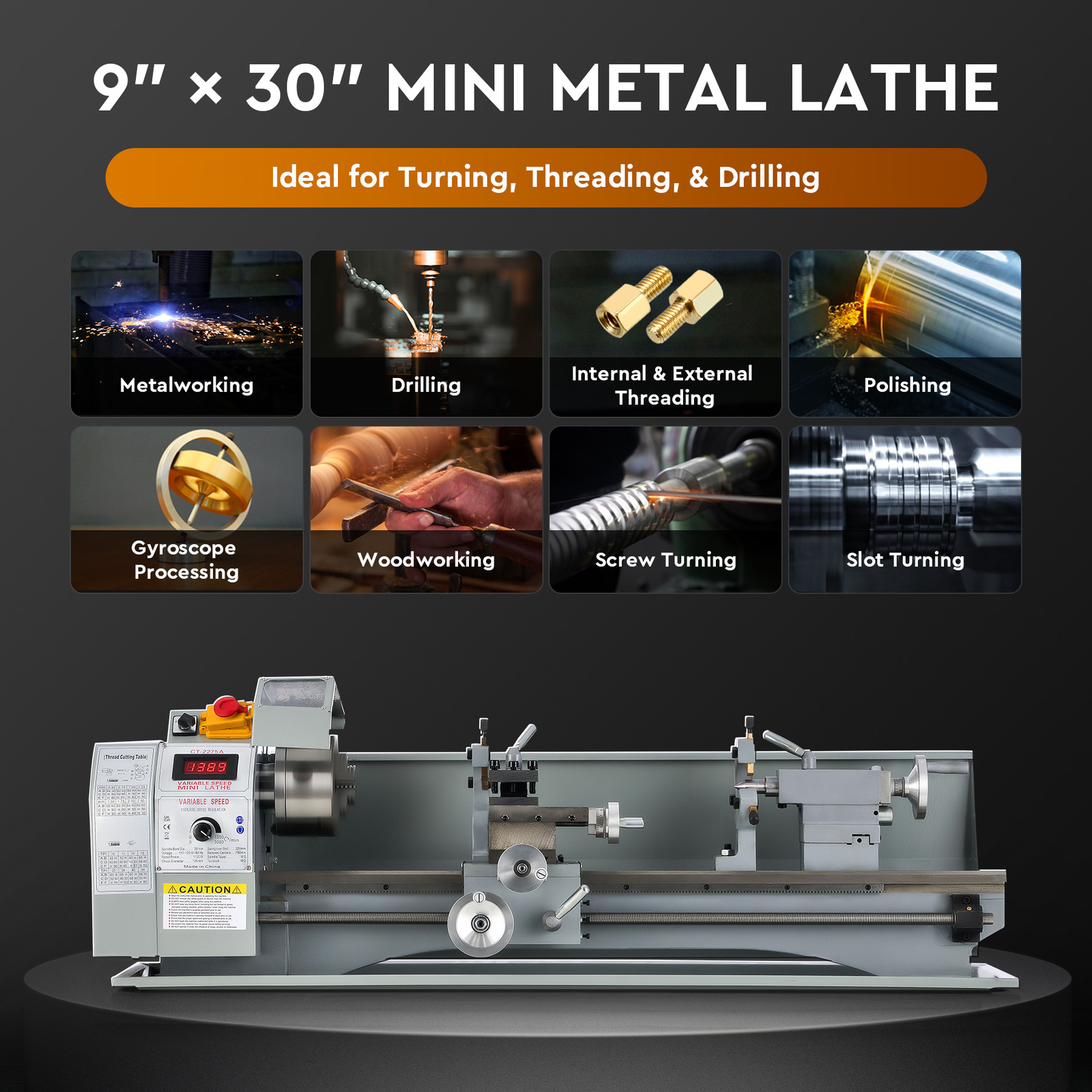 CREWORKS 9×30″ Mini Metal Lathe 1100W DC Motor 3000rpm 3-Jaw Chuck LCD Display