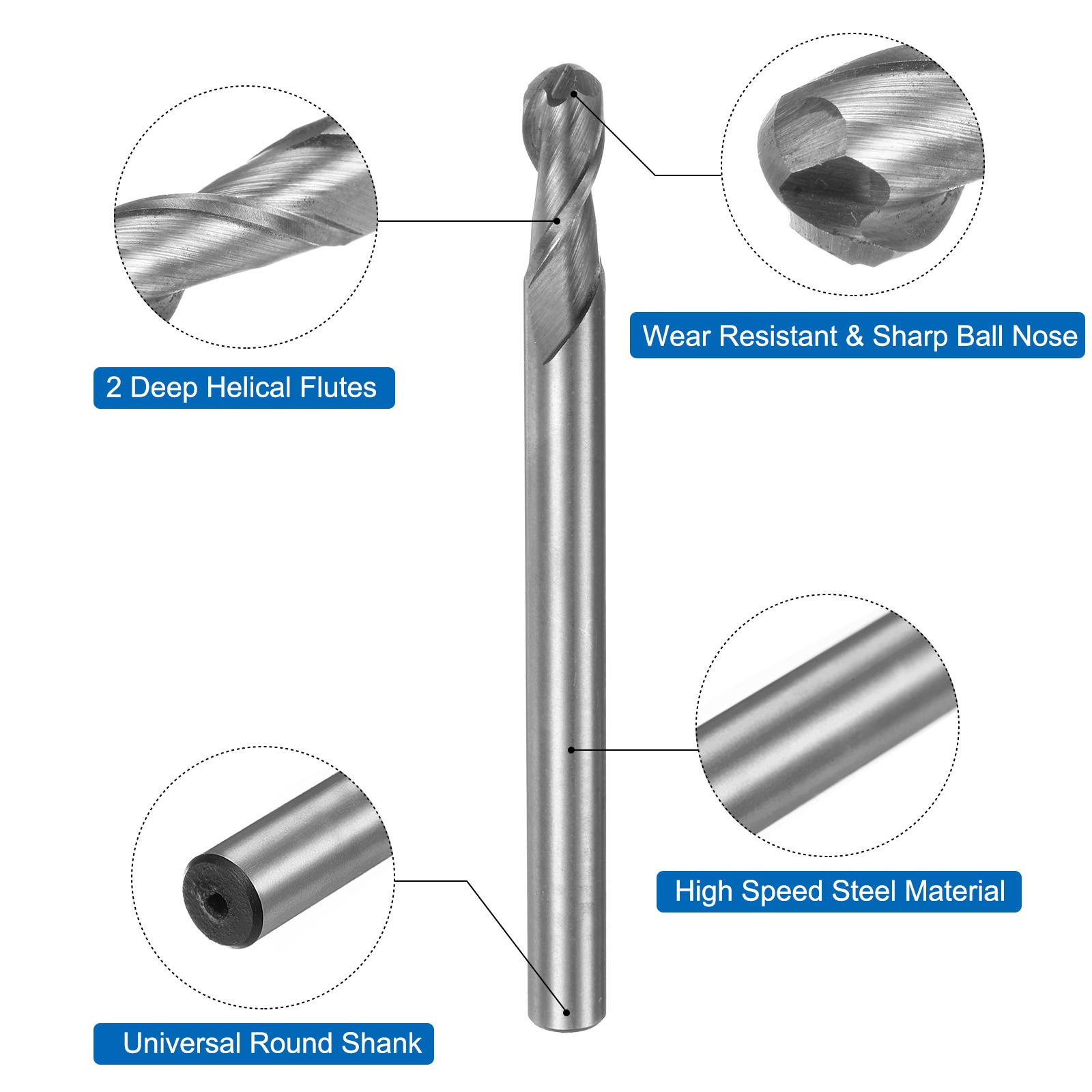 2pcs 8mm Cutting Dia Helical Groove 2 Flutes HSS-AL Ball Nose End Mill Cutter
