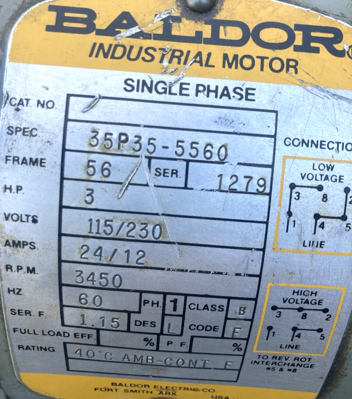 BALDOR MOTOR 3HP 115/230V 3450 RPM SINGLE PHASE