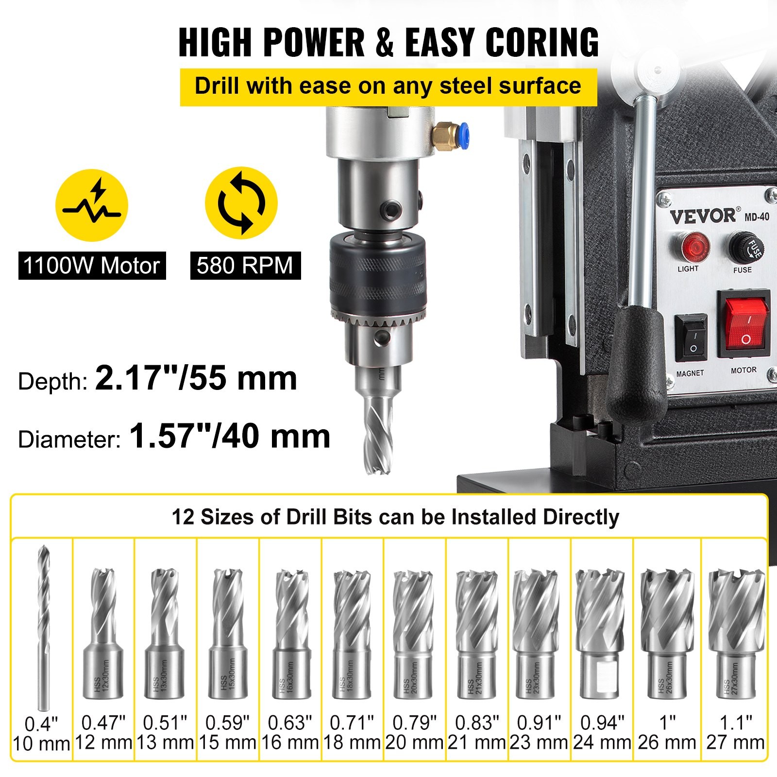 Magnetic Drill, 1100W 1.57′ Boring Diameter, 2697lbf,12000N Portable Electric