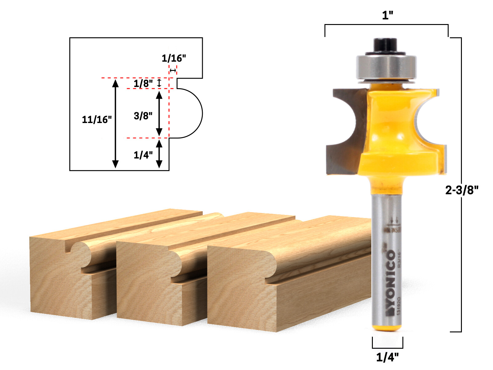 3/16″ Radius Bullnose Bead Router Bit – 1/4″ Shank – Yonico 13192q