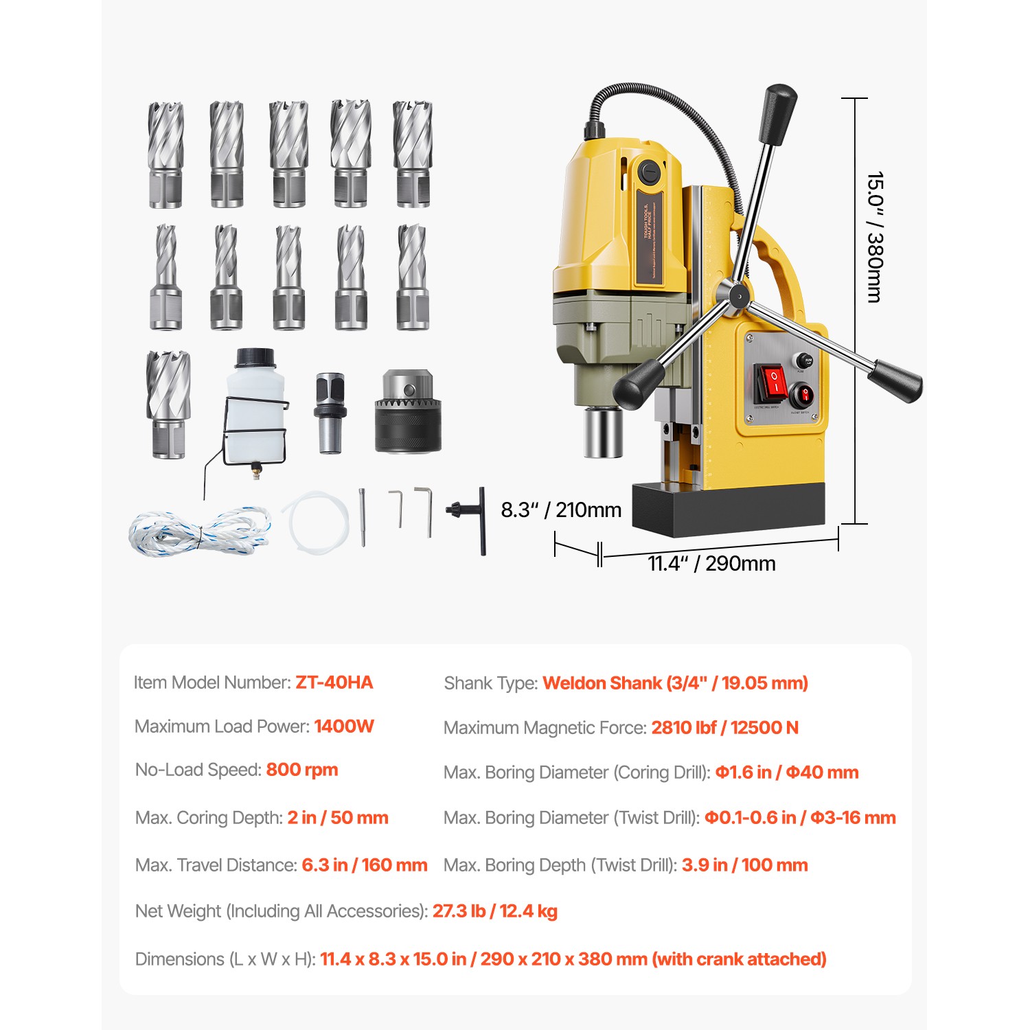 Uimoso 1400W Magnetic Drill Press, 1.6 in Bore, 2810 lbf, Includes 11 Bits