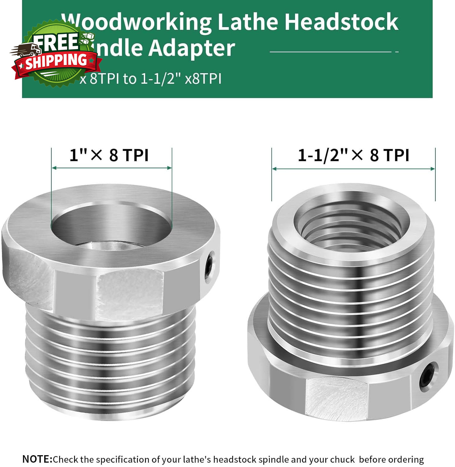 Lathe Headstock Spindle Adapter,Converts 1″X8 TPI to 1-1/2-8 TPI for Woodworking