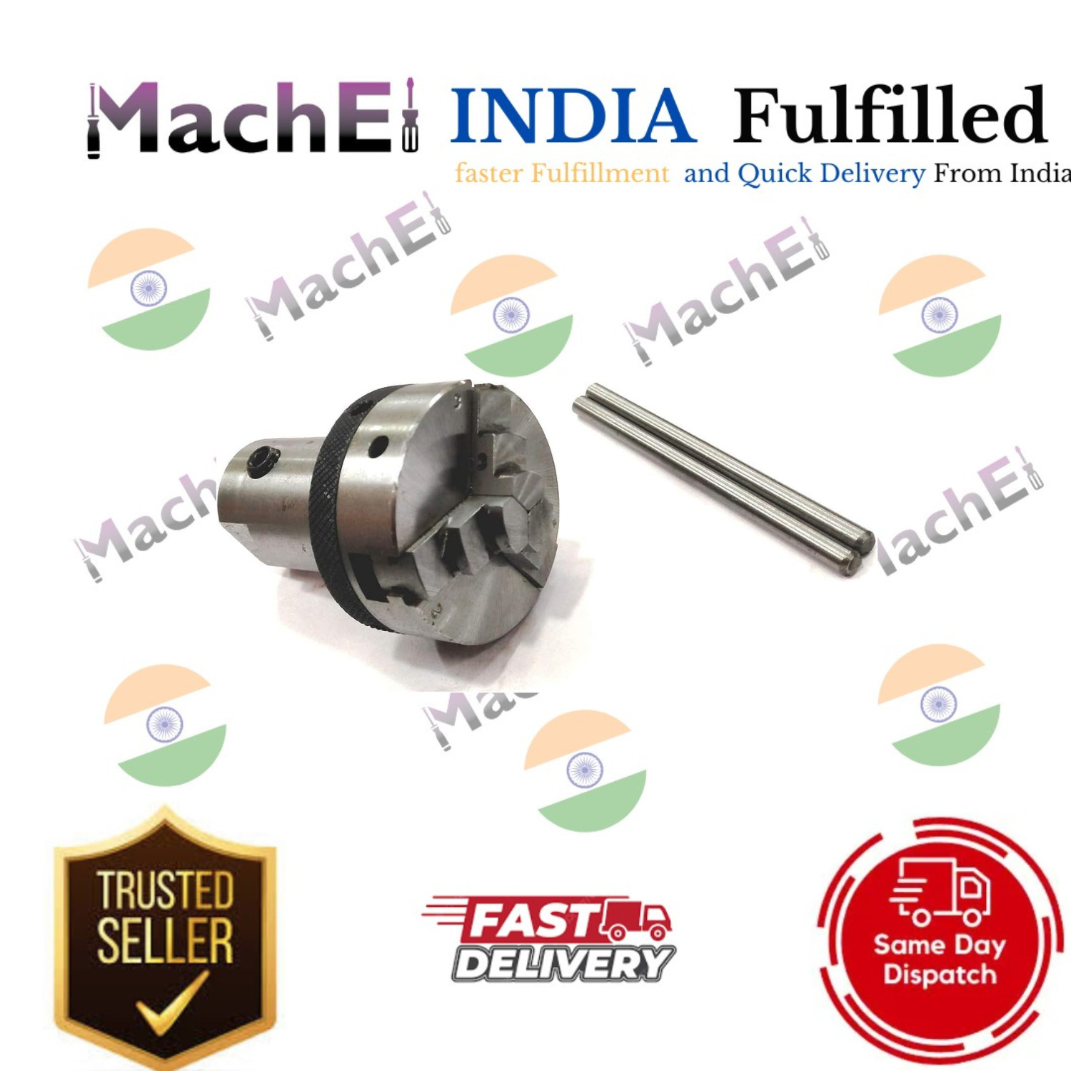 MachEl Lathe Spindle Adapter 3/4″ x 16 TPI to M12 x 1 with 50mm 3-Jaw Chuck.