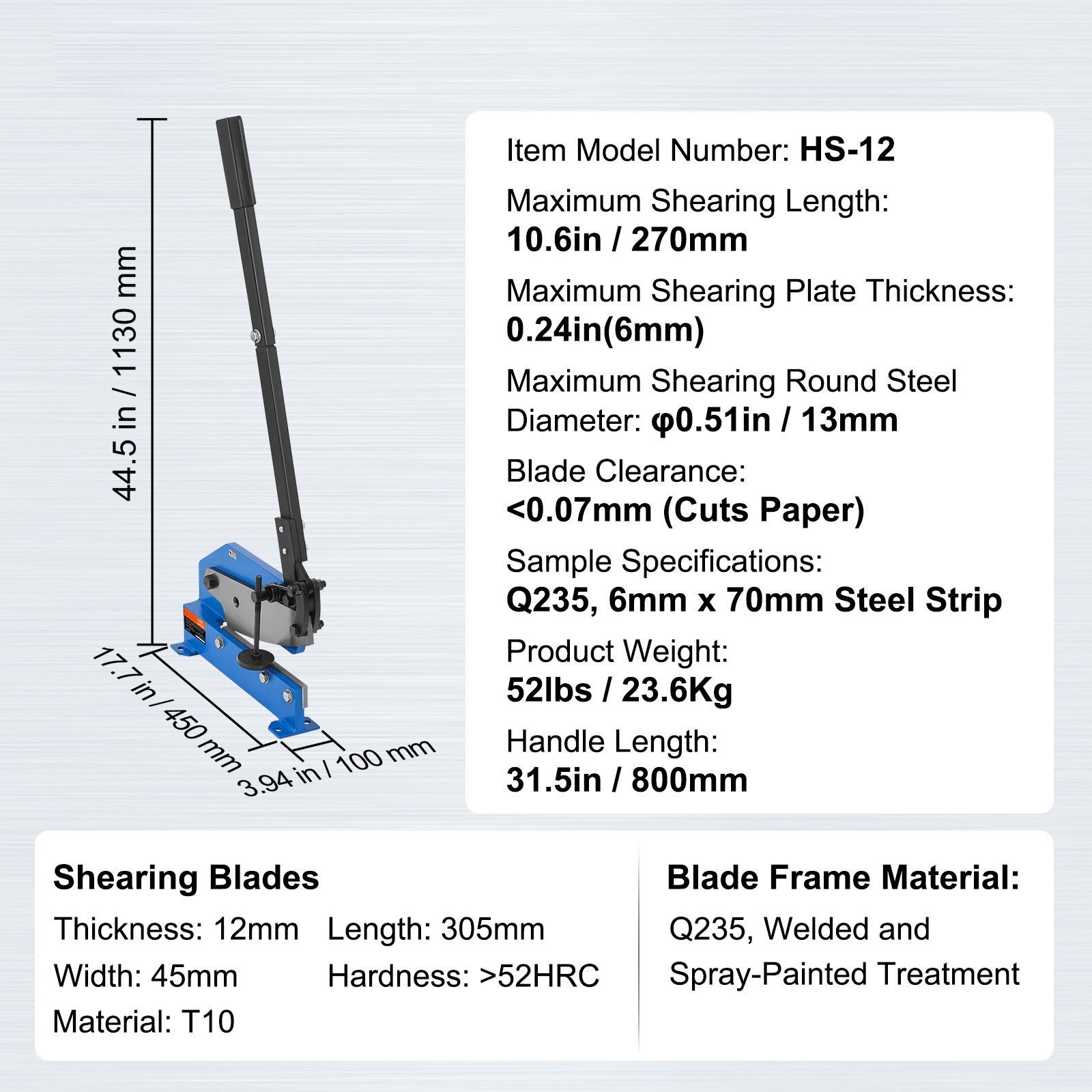 12in Manual Plate Shear for 6mm Steel, T10 Blades