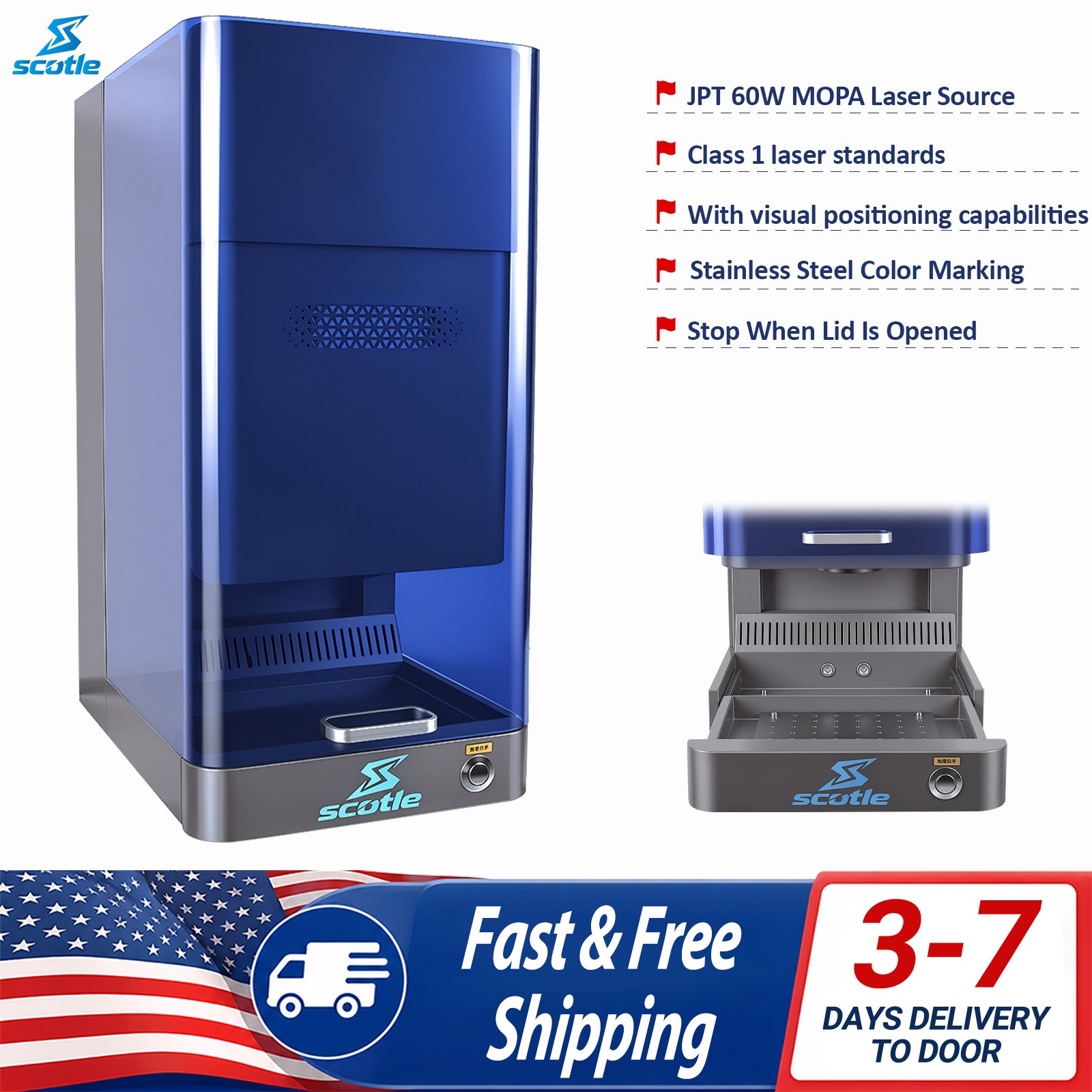 JPT MOPA 60W Fiber Laser Marking Machine Class 1 Metal Engraving with Ruida