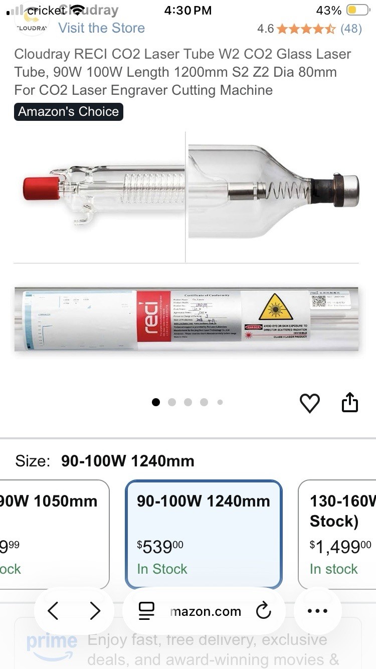 Cloudray RECI C02 Glass Laser Tube W2 NEW!
