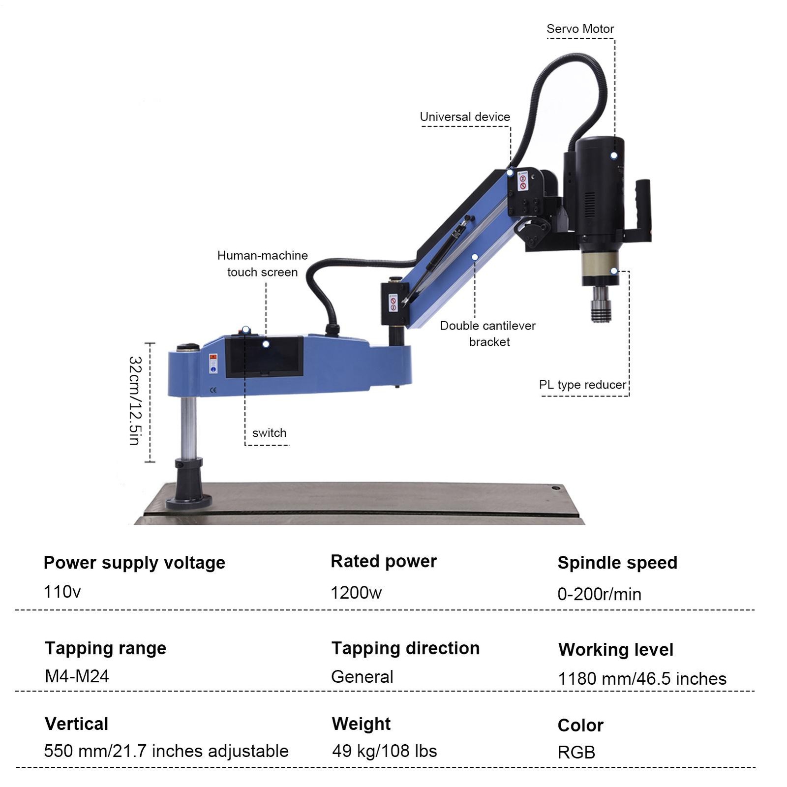 NEW Electric Tapping Machine M4-M24 1200W Touch-Screen With Flexible Arm 110V