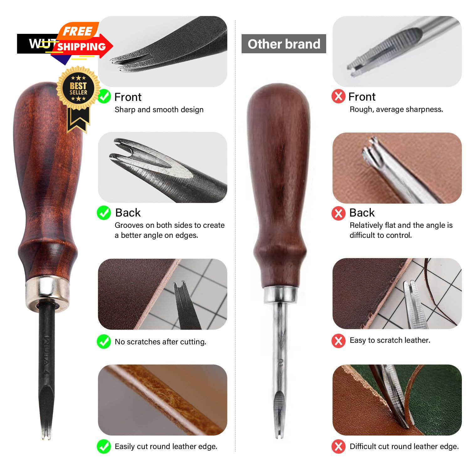 WUTA Edge Skiving Beveler Tools for Leather Craft 3pcs High 0.8mm+1mm+1.2mm