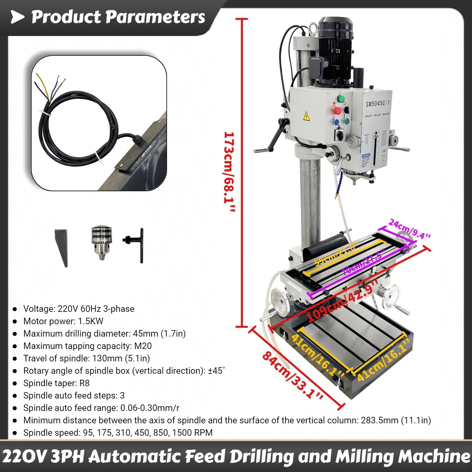 220V 3PH Gear Head Vertical Drill Press Automatic Feed Drilling Milling Machine