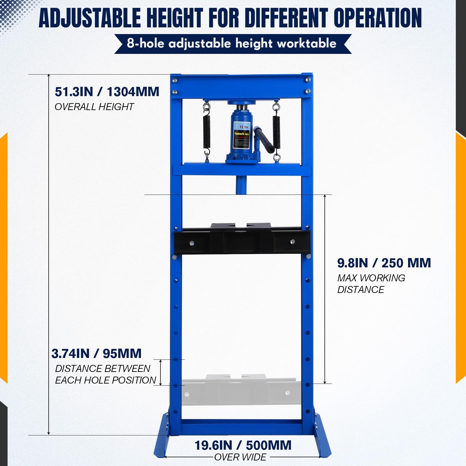 12 Ton Hydraulic Shop Press H-frame Carbon Steel Press Plates Blue Garage