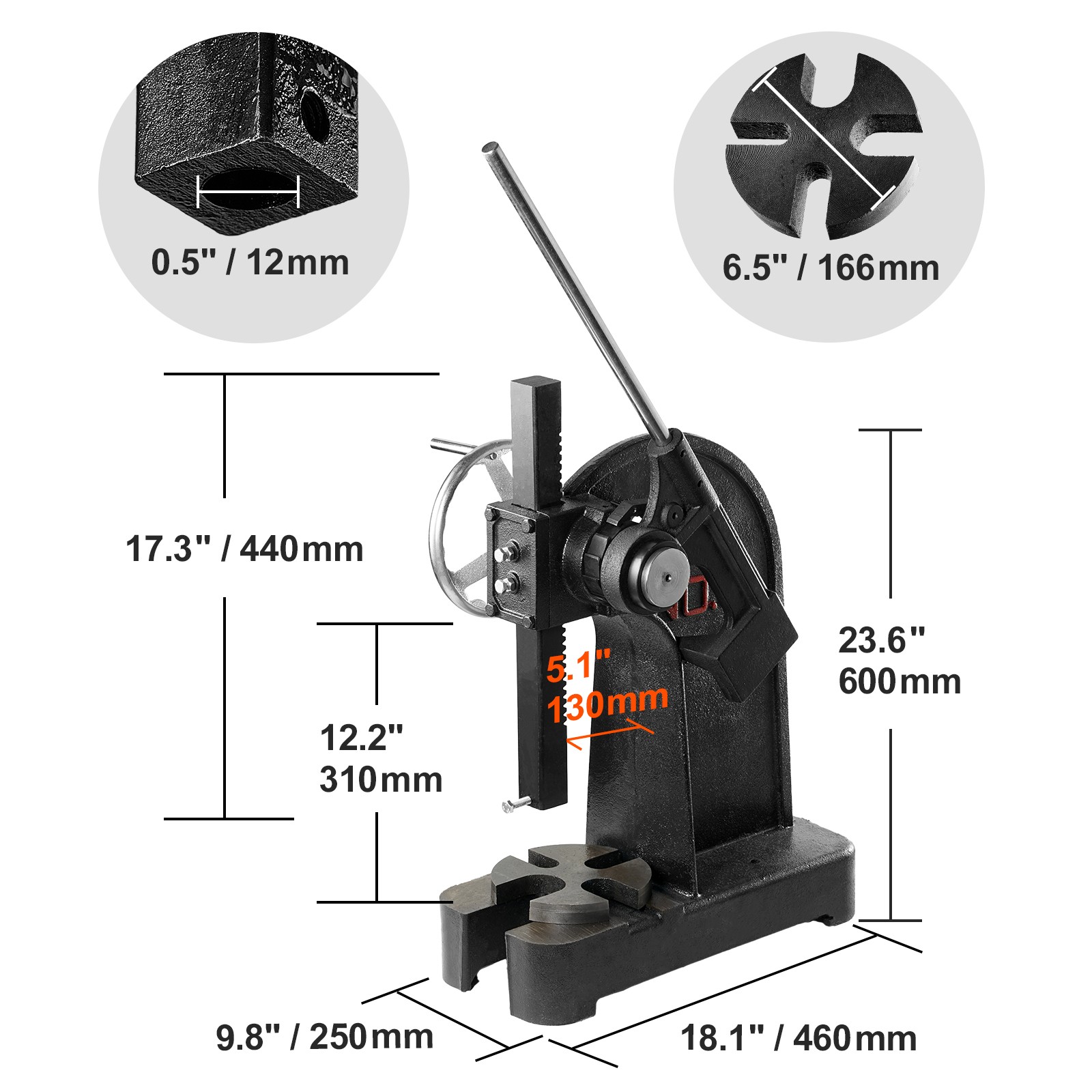 3 Ton Ratchet Arbor Press, 12.2″ Max Height, Cast Iron, Black