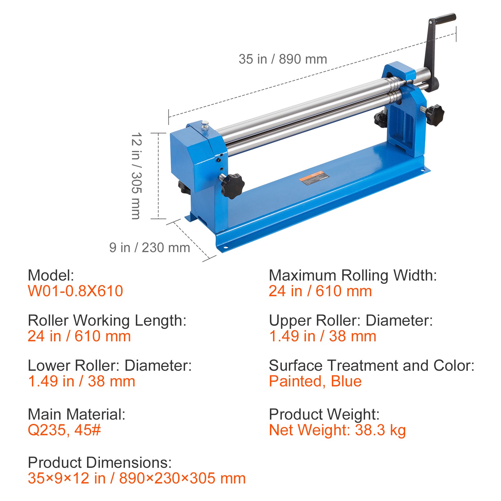 VEVOR Slip Roll Machine Sheet Metal Slip Roller 24” x 16 Gauge φ1.49 in Roller