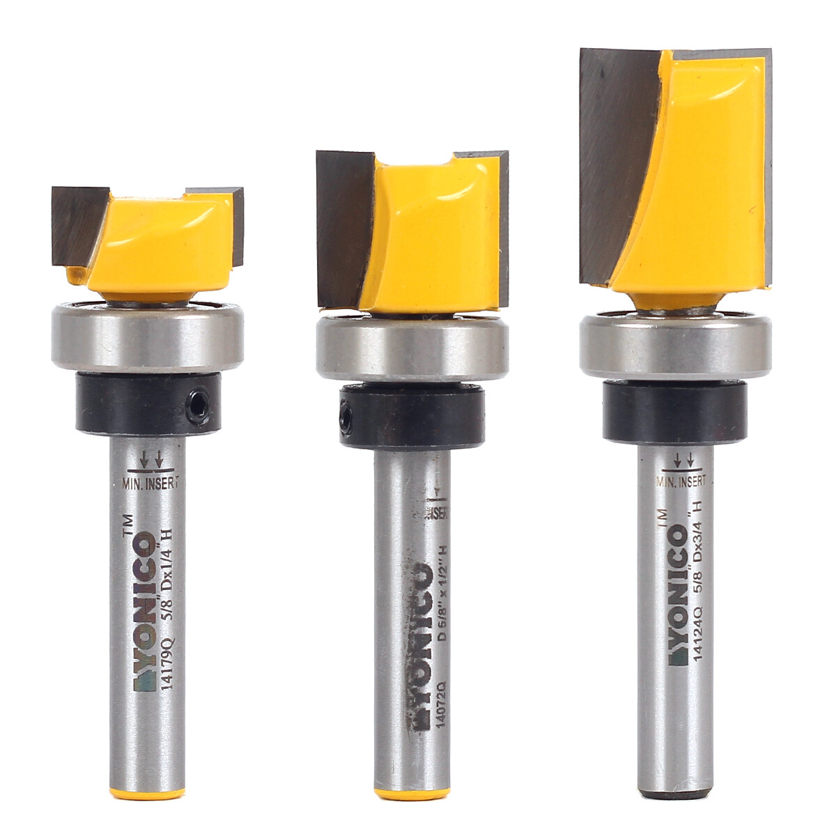3 Bit 5/8″ Diameter Flush Trim Router Bit Set – 1/4″ Shank – Yonico 14324q