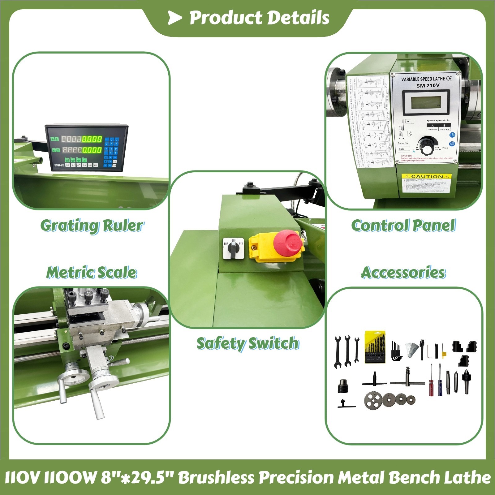 110V 1100W Double Chuck Brushless Precision Metal Bench Lathe with Grating Ruler