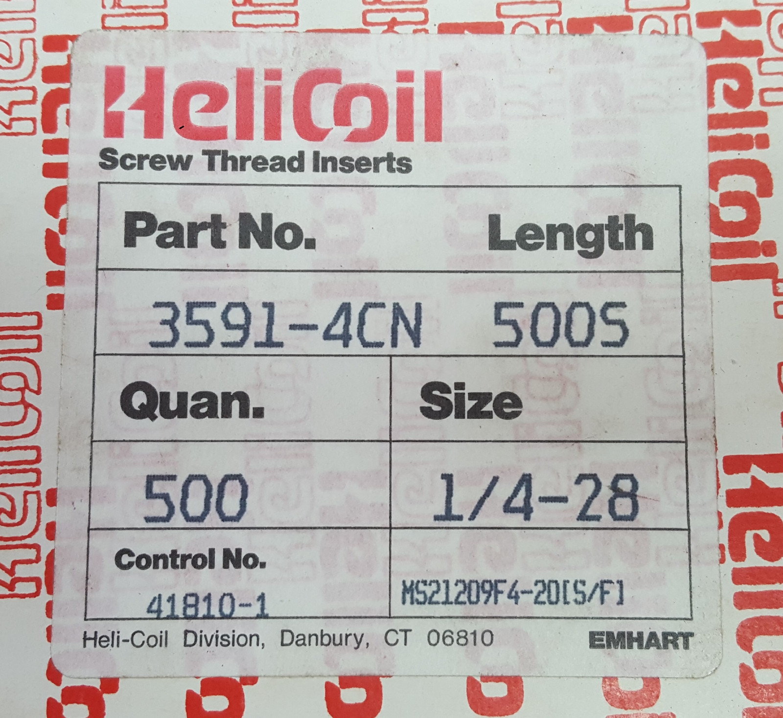 Helicoil 3591-4CN500S Strip-Feed Inserts; 1/4-28; C of C Included!!