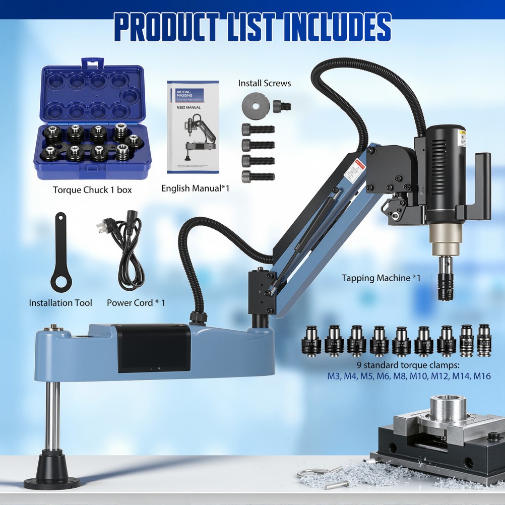 Electric Tapping Machine M3-M16 600W w/1100mm 360° Flexible Arm w/9pc Tap Collet