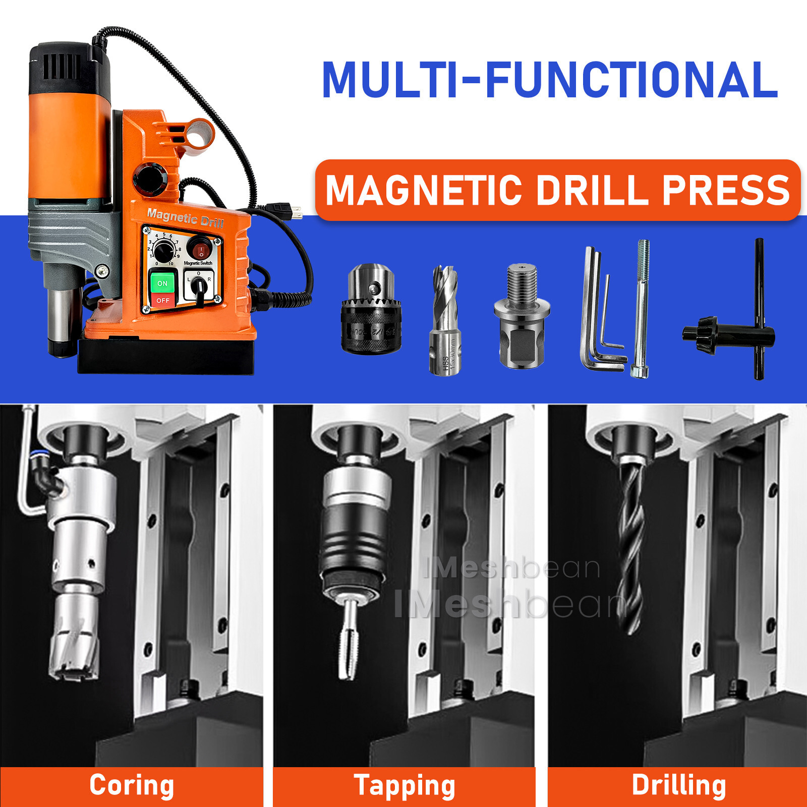 1400W Magnetic Drill 2922lbf/13000N Portable Mag Drill Press 810RPM w/ 6 Drills
