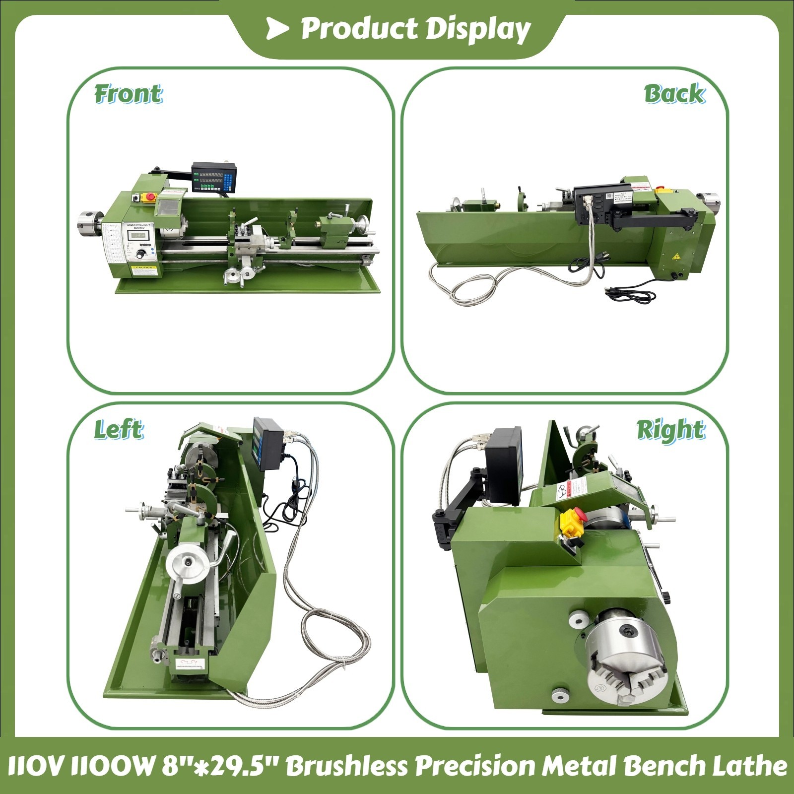 110V 1100W Double Chuck Brushless Precision Metal Bench Lathe with Grating Ruler