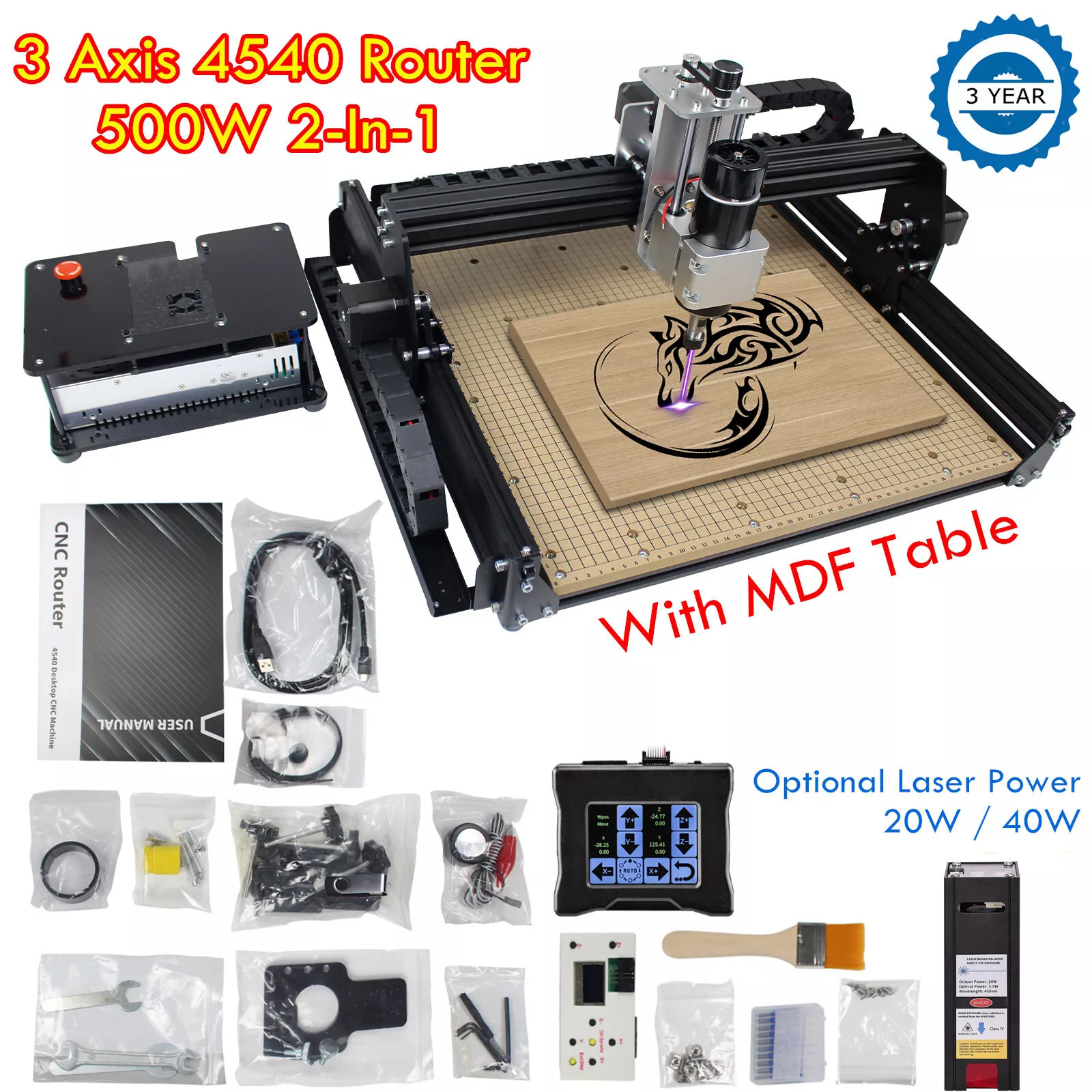 MDF Table CNC 4540 Router 500W Engraver Machine+20W/40W Laser+Offline controlle