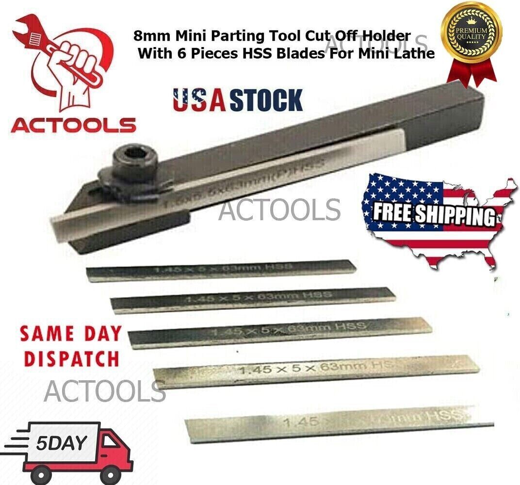 8mm Small Mini Lathe Cut Off Parting Tool Holder With 5mm M2 HSS 6 Pcs Blade USA