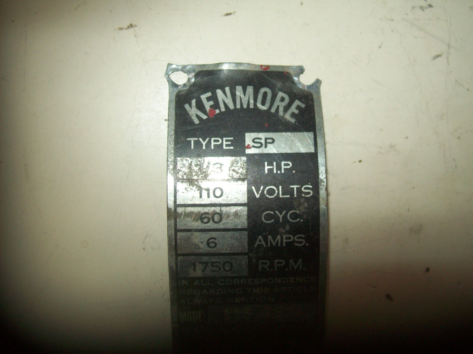 Kenmore 1/3 HP Electric Motor Plate From Model 115.4624 Sears Roebuck & Co.