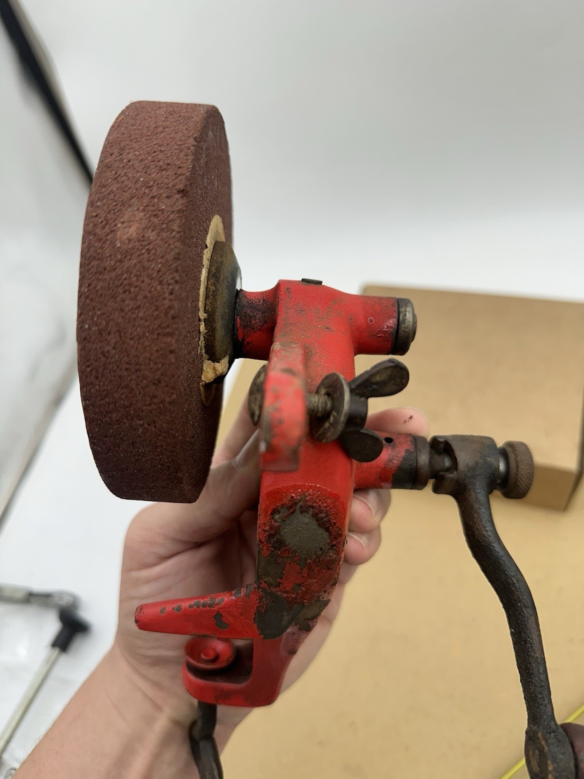 Vintage Antique Hand-Crank Bench Grinder 4-3/4” Diameter Grinding Wheel