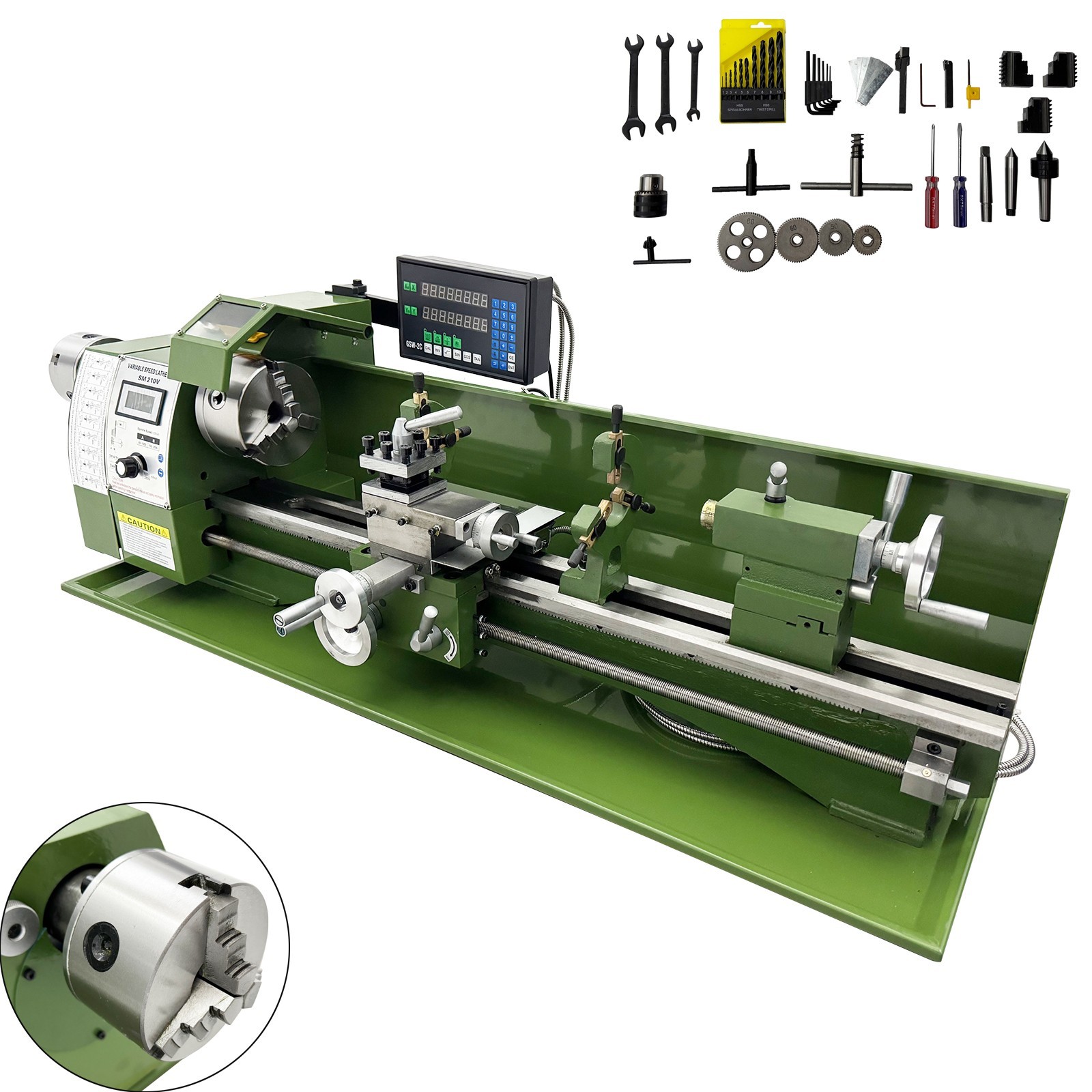 110V 1100W Double Chuck Brushless Precision Metal Bench Lathe with Grating Ruler