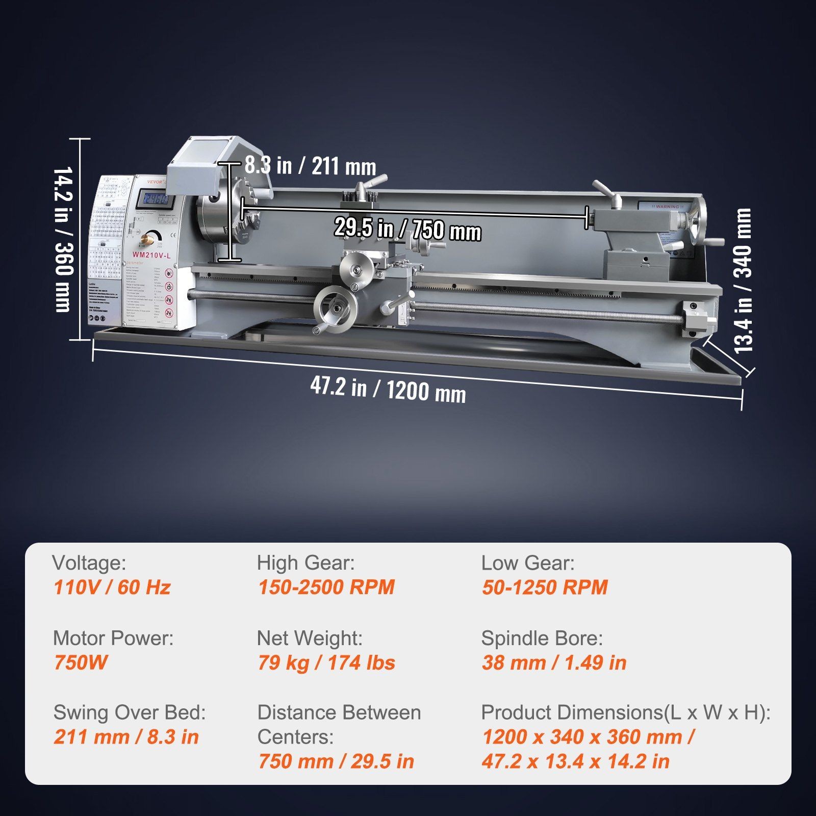 8.3×29.5in 750W Metal Lathe, 0-2500RPM Variable Speed & Brushless Motor