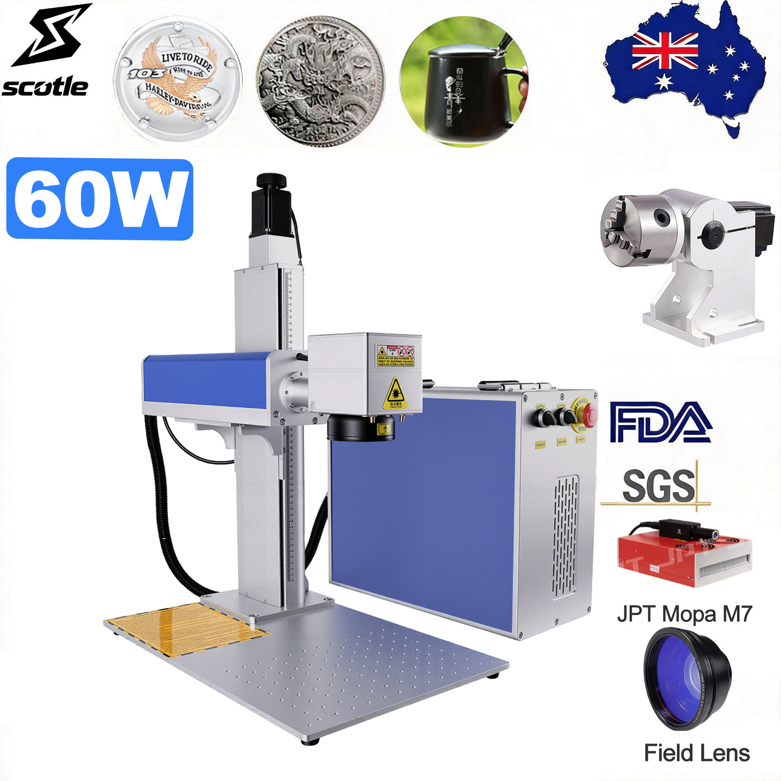 Scotle 60W 2.5D JPT Mopa Fiber Laser Marking Machine Metal Deep/Relief Engraving