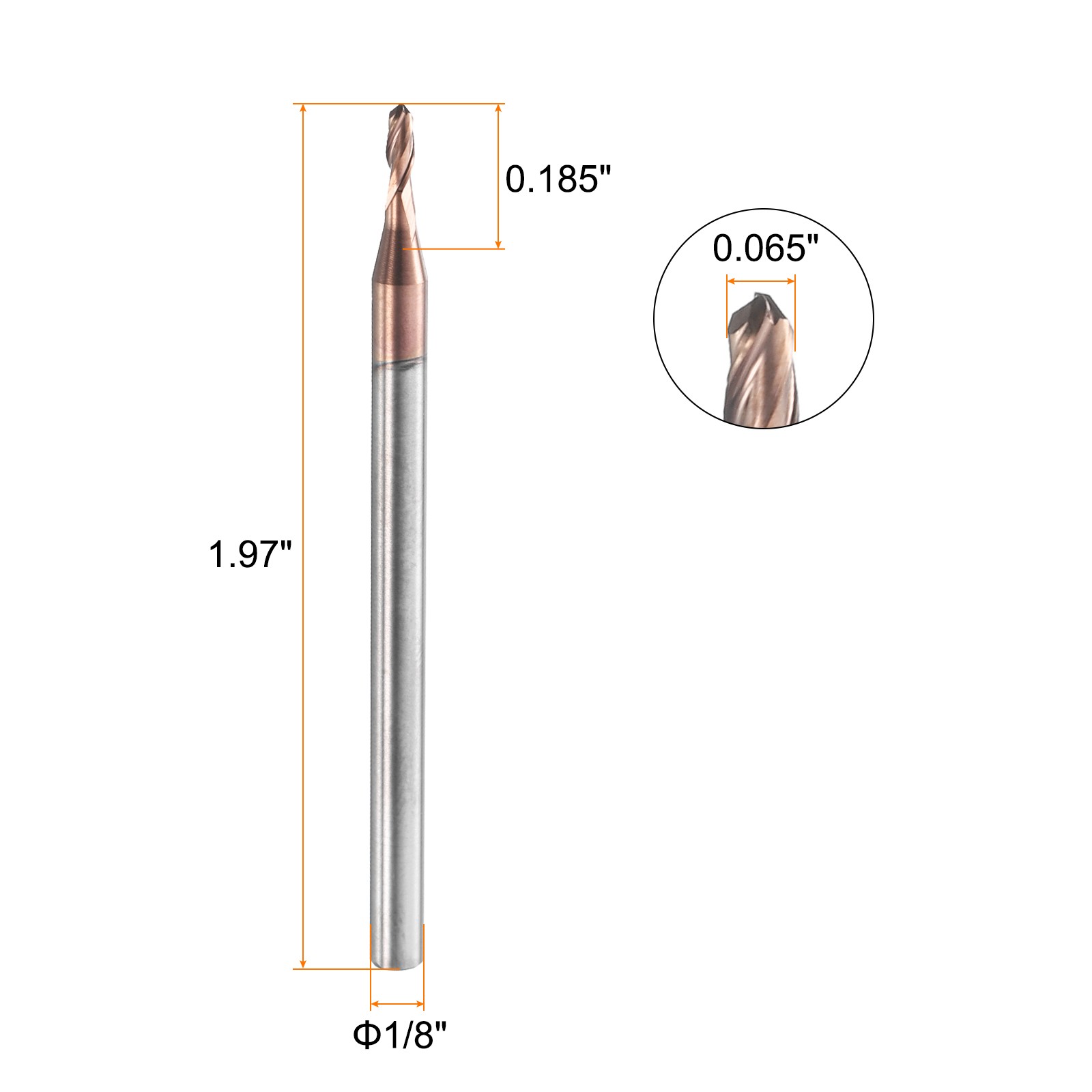 2 Flute Ball Nose End Mill 0.185″ Cutting Length Uncoated for Carving Engraving