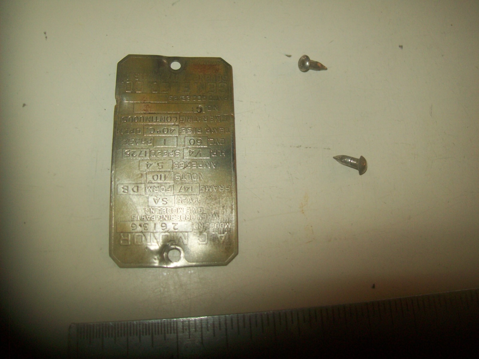 Brass General Electric Model #26136 1/4 HP Motor Plate From Wood Lathe